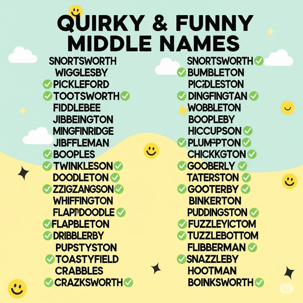 Illustration of a name tag with silly and quirky middle names written in playful fonts.