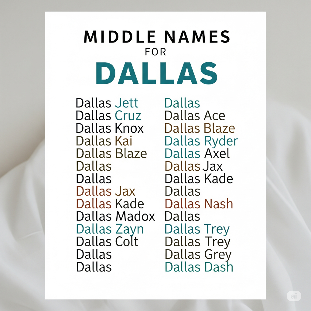 Notebook with handwritten baby names including Dallas and matching middle names