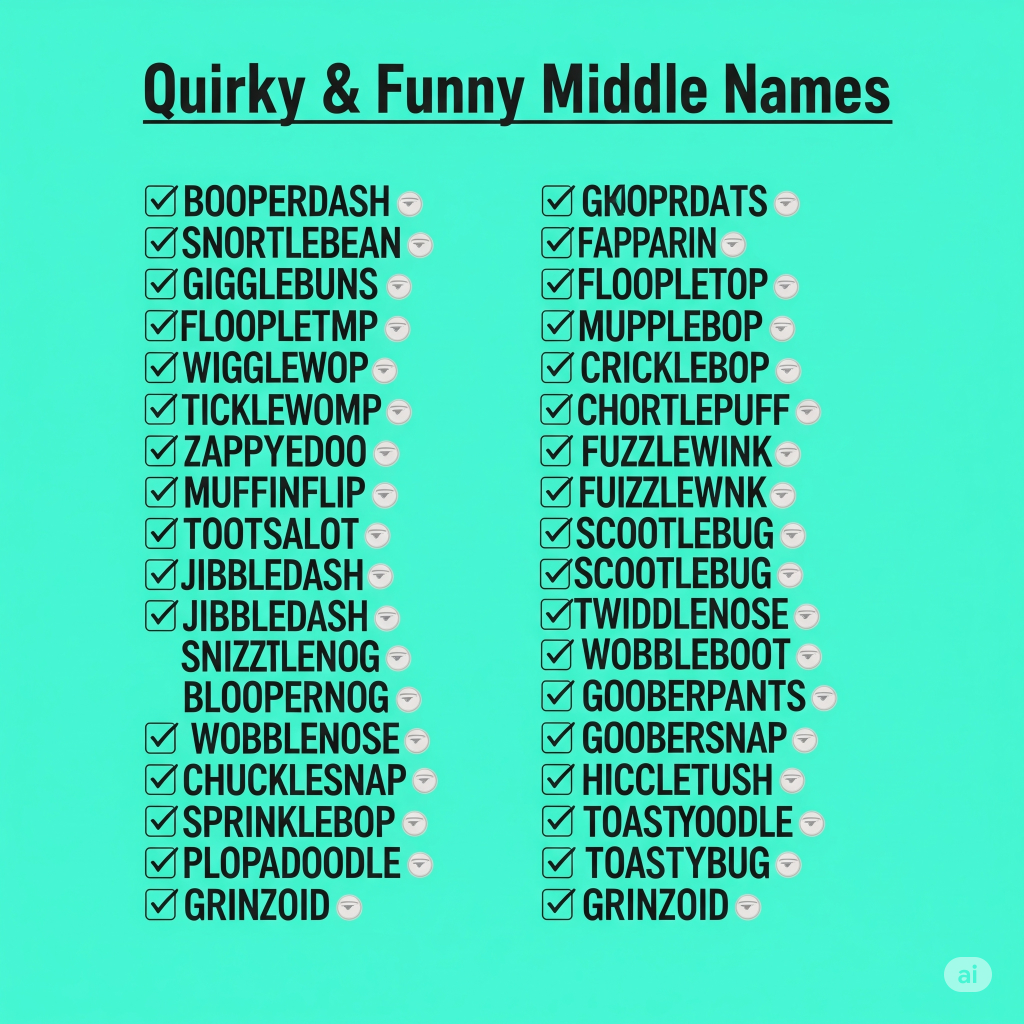 Colorful collage of name labels featuring quirky, funny, and creative middle names.