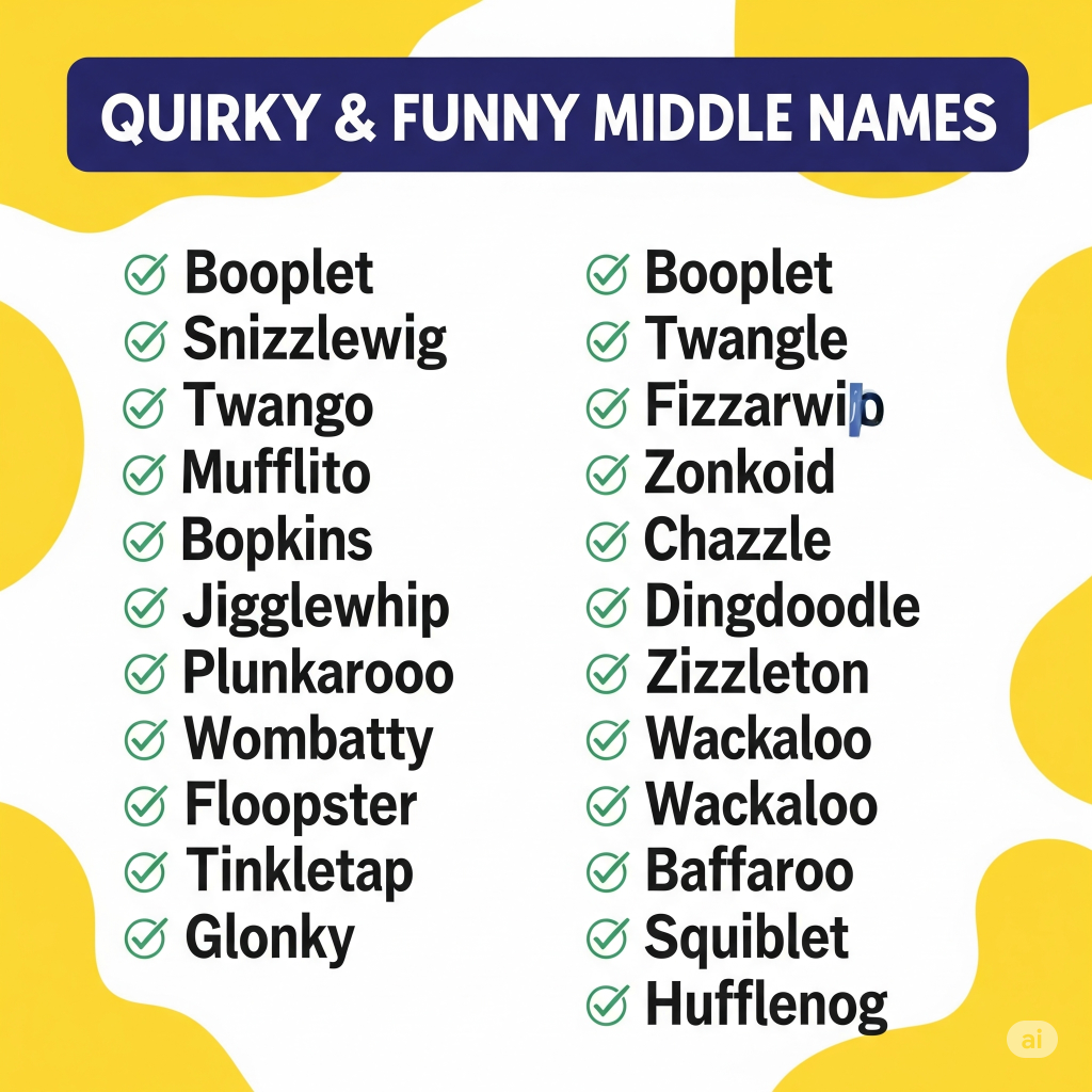 Whimsical notebook open to a list of humorous and unusual middle name ideas.