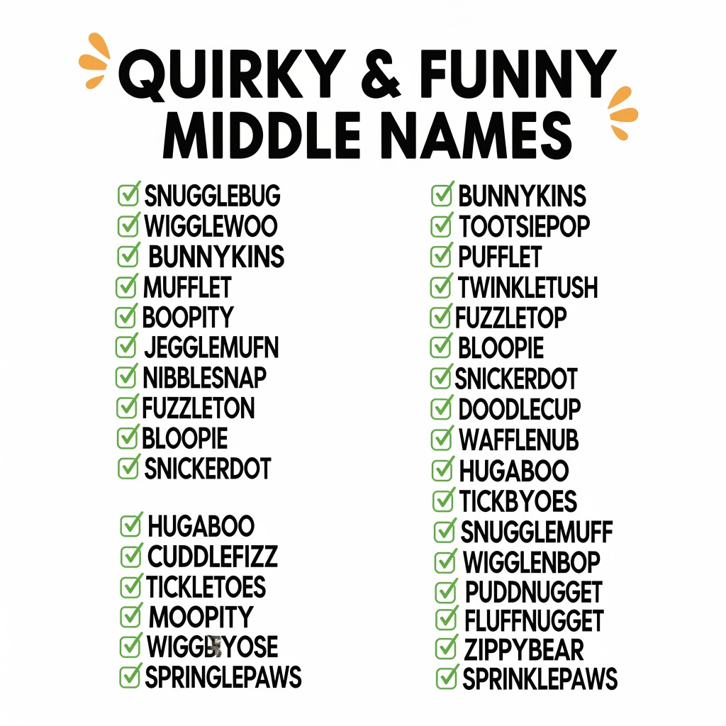 Whimsical name list pinned to a bulletin board featuring odd and hilarious middle names.