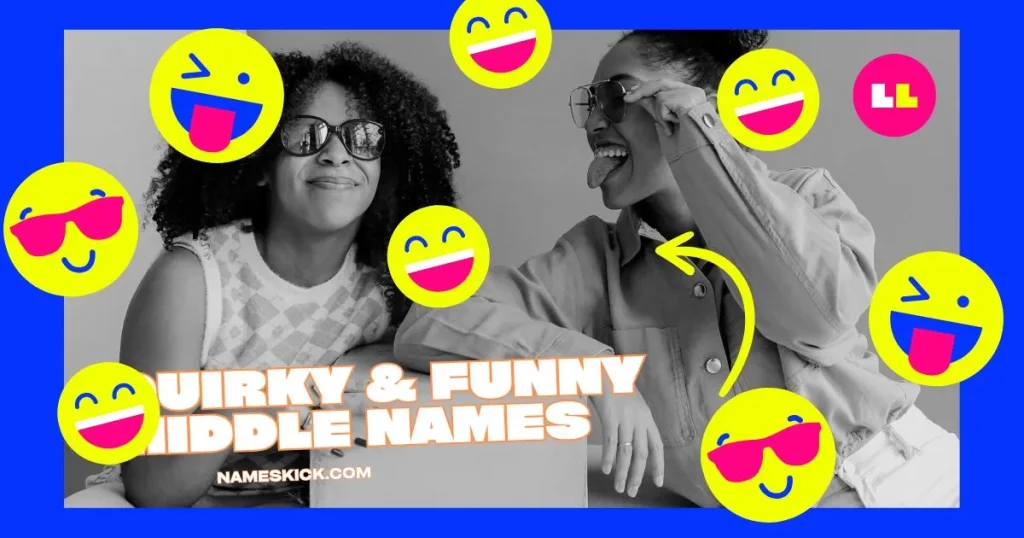 Bright, fun infographic with bold text saying “Quirky & Funny Middle Names That Stand Out.