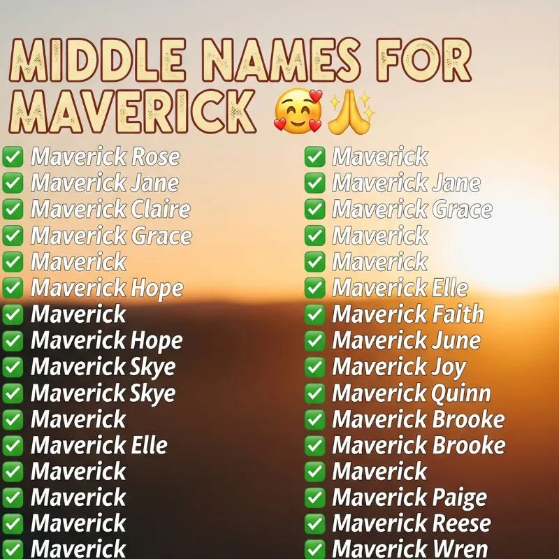 Cute illustrated baby name cloud showing Maverick in the center with popular middle name ideas orbiting around
