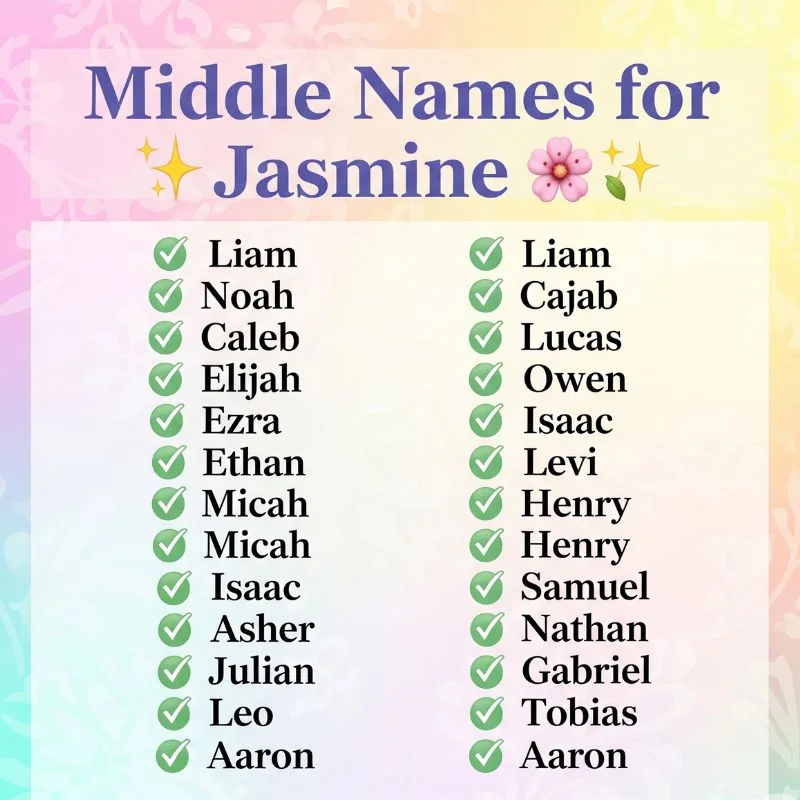 A list of elegant and unique middle name ideas for Jasmine, perfect for baby girl name inspiration.