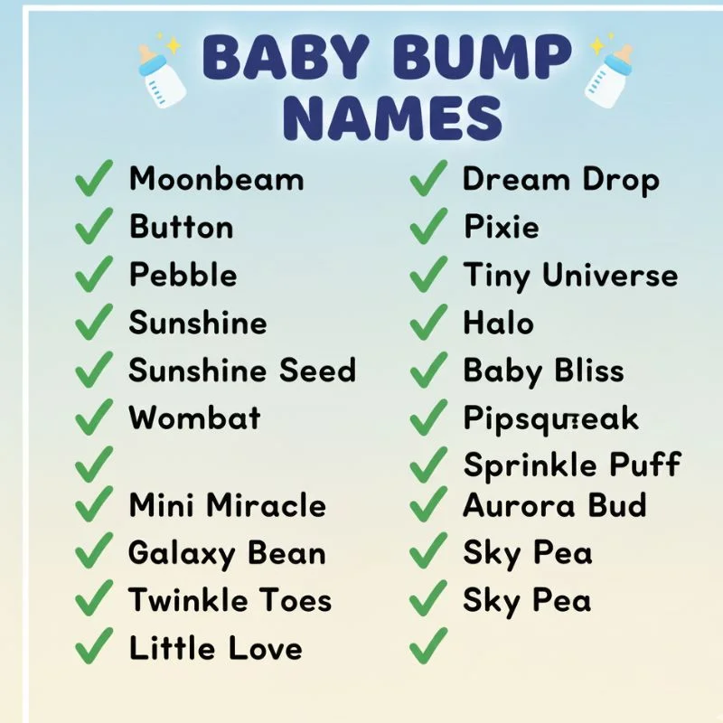 A smiling pregnant woman holding her baby bump with joy, thinking of baby name ideas.