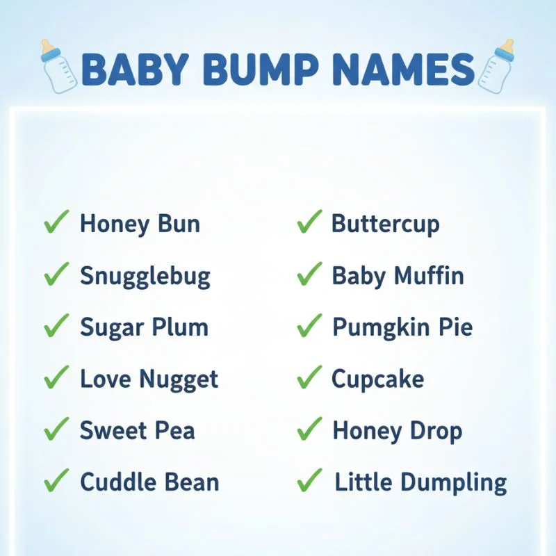 Cute baby name ideas written on a chalkboard with a small baby bump illustration.